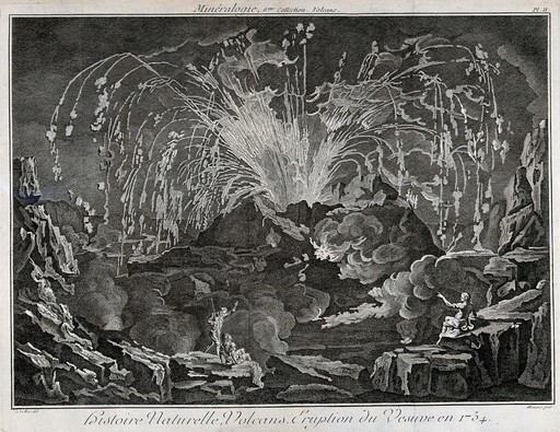Mount Vesuvius erupting dramatically in 1754, with three spectators looking on. Etching by Benard after Delarue.