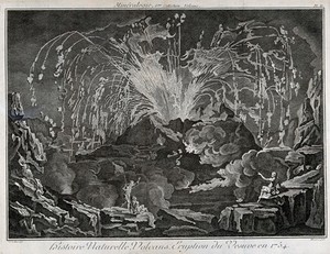 view Mount Vesuvius erupting dramatically in 1754, with three spectators looking on. Etching by R. Benard after Delarue.