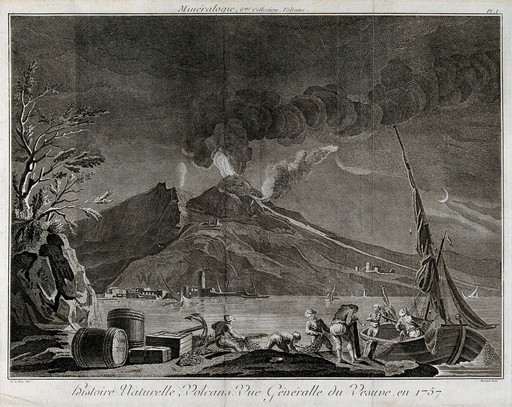 Mount Vesuvius in quiescence by night, 1757, with the Bay of Naples and fishermen. Etching by Benard after Delarue.