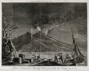 view Mount Vesuvius in quiescence by night, 1757, with the Bay of Naples and fishermen. Etching by R. Benard after Delarue.