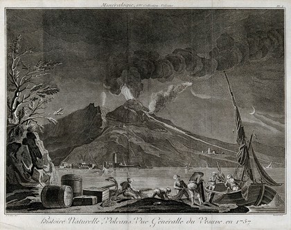 Mount Vesuvius in quiescence by night, 1757, with the Bay of Naples and fishermen. Etching by R. Benard after Delarue.