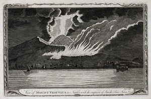 view Mount Vesuvius by night, erupting with smoke, fire, and lava, with houses on the Bay of Naples. Etching with engraving by Page.