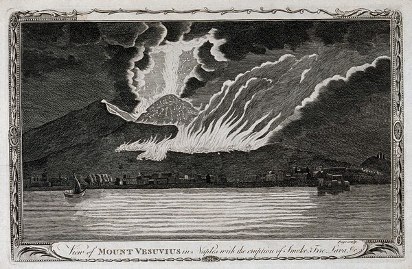 Mount Vesuvius by night, erupting with smoke, fire, and lava, with houses on the Bay of Naples. Etching with engraving by Page.