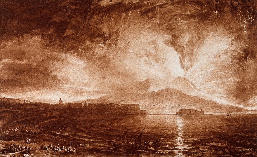 Vesuvius in eruption, with spectators on the beach at Naples and the Neapolitan skyline in the foreground. Colour process print after J.M.W. Turner.