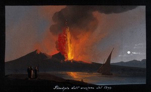 view Mount Vesuvius in eruption at night, with smoke, fire, and lava, over the Bay of Naples. Gouache, 1794.