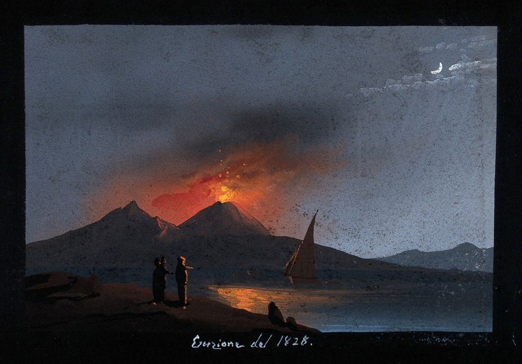 Mount Vesuvius in eruption at night, showing the Bay of Naples in