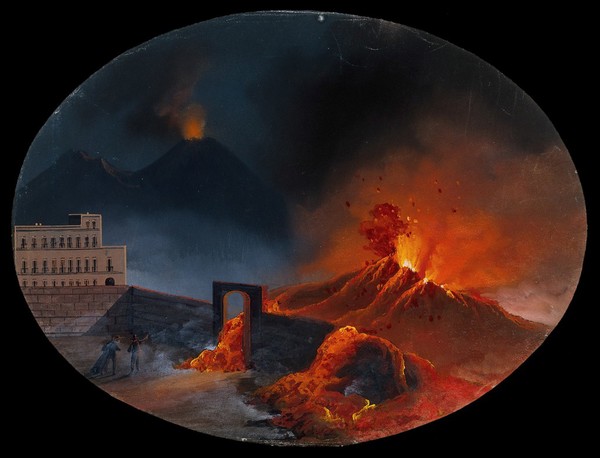 A volcanic eruption in Herculaneum (?), showing the advance of lava flow over walls, with Vesuvius visible in the background. Gouache painting, 1861.