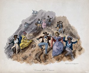 view People promenading down the slopes of Mount Vesuvius. Coloured lithograph by G. Dura, 1850.