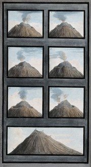 Mount Vesuvius: the ancient crater and the changing shape of the little mountain within it between 8 and 29 July 1767. Coloured etching by Pietro Fabris, 1776.