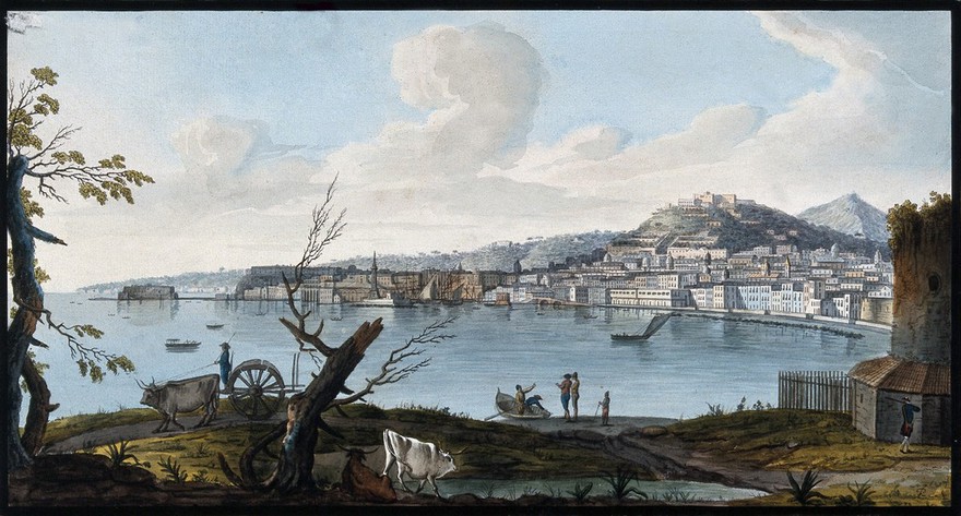 The city and bay of Naples from the land. Coloured etching by Pietro Fabris, 1776.