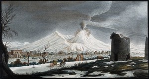 view Mount Vesuvius in winter, covered with snow. Coloured etching by Pietro Fabris, 1776, after his painting, ca. 1754.