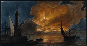 view Mount Vesuvius in eruption in 1767, from the mole at Naples. Coloured mezzotint by Pietro Fabris, 1776, after his painting, 1767.