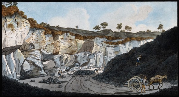 A quarry from which stones were cut to make the pavements of Naples, showing strata of lava from Mount Vesuvius. Coloured etching by Pietro Fabris, 1776.