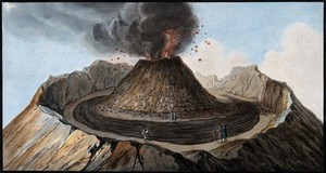 view Mount Vesuvius: interior of the crater showing the little mountain inside it, with spectators. Coloured etching by Pietro Fabris, 1776.