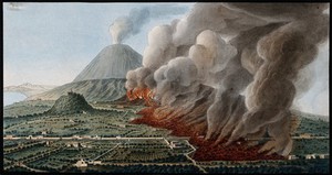 view Mount Vesuvius: a volcanic eruption at the foot of the mountain, 1760-1761, causing the destruction of the land and property. Coloured etching by Pietro Fabris, 1776, after his drawing, 1760-1761.