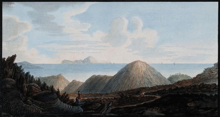 Little mountains raised in 1760 by the eruption of Mount Vesuvius, inland and offshore. Coloured etching by Pietro Fabris, 1776.