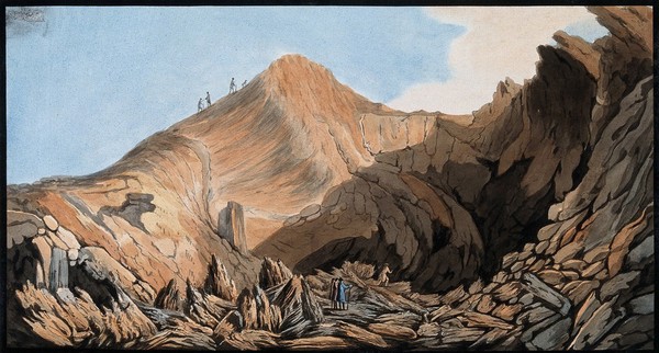 Interior of the crater of one of the little mountains raised by the eruption of Vesuvius in 1760, with large and small fragments of larva. Coloured etching by Pietro Fabris, 1776.