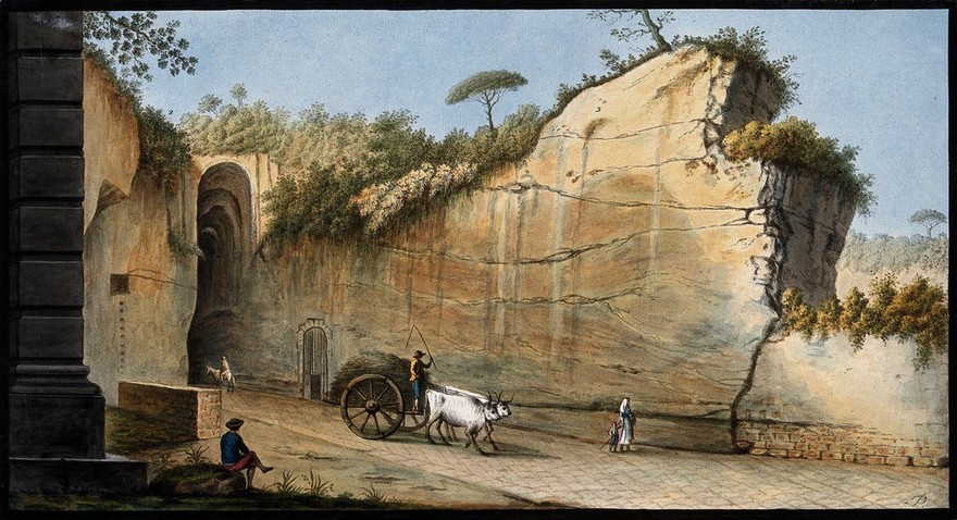 Entrance of the grotto at Posillipo, called Piedigrotta, reputed to be Virgil's tomb. Coloured etching by Pietro Fabris, 1776.