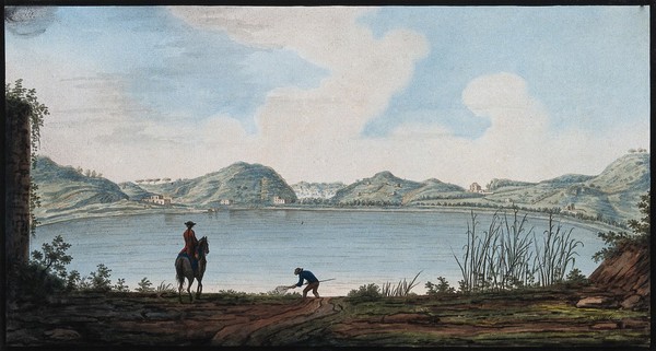 The lake of Agnano. Coloured etching by Pietro Fabris, 1776.