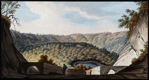 view The crater of Astruni: vegetation, the gamekeeper's lodge and a volcanic pool. Coloured etching by Pietro Fabris, 1776.