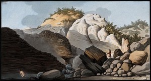 view The Pisciarelli (a hot spring) issuing from the cone of the Solfatara, and a man bathing in the hot waters. Coloured etching by Pietro Fabris, 1776.