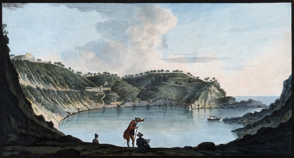 The Porto Pavone on the island of Nisida, showing the curved sides of a sunken crater; Pietro Fabris sketching and Sir William Hamilton in the foreground. Coloured etching by Pietro Fabris, 1776.