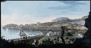 view Pozzuoli, with Monte Barbaro in the distance, right. Coloured etching by Pietro Fabris, 1776.