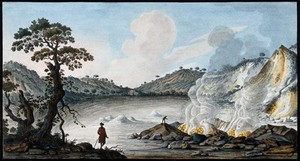 view The Solfatara, and the issue of hot vapours from underground lakes caused by the gathering of rainwater below the Solfatara. Coloured etching by Pietro Fabris, 1776.