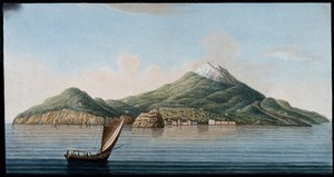 view The island of Ischia seen from the sea, showing volcanic features. Coloured etching by Pietro Fabris, 1776.