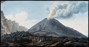 view The valley Atrio di Cavallo between Vesuvius and Somma, showing smoke emerging from Vesuvius before eruption. Coloured etching by Pietro Fabris, 1776.