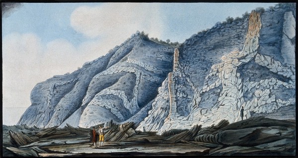 Interior of the cone of the Somma mountain, showing strata of lava. Coloured etching by Pietro Fabris, 1776.