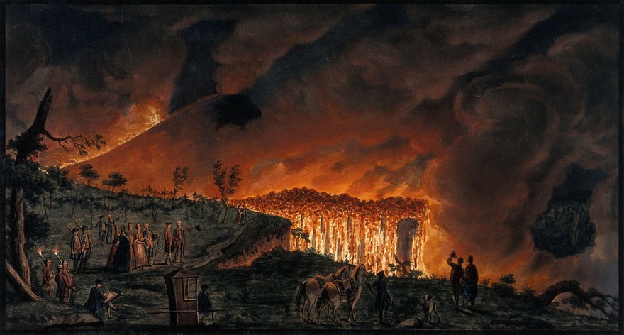Lava emerging from Mount Vesuvius at night and running towards Resina, 11 May 1771. Coloured etching by Pietro Fabris, 1776, after a drawing made by him in 1771.