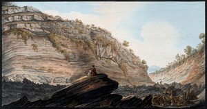 view The Fossa Grande of Mount Vesuvius, showing the deep hollow ways cut by torrents of rainwater. Coloured etching by Pietro Fabris, 1776.