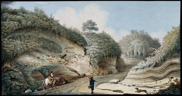 The road leading from the Grotto of Posillipo inland to Pianura, showing strata of "rapilli" and other volcanic substances. Coloured etching by Pietro Fabris, 1776.