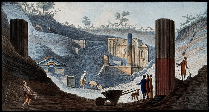The discovery of the temple of Isis at Pompeii, buried under pumice and other volcanic matter. Coloured etching by Pietro Fabris, 1776.