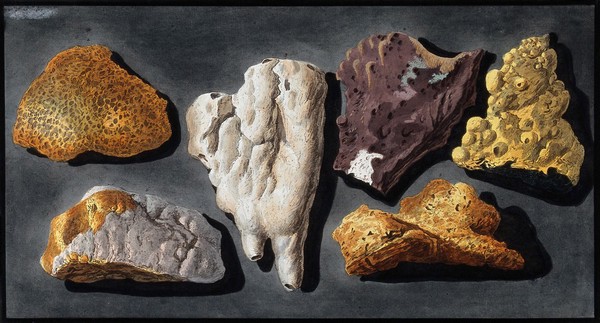 Six pieces of lava from inside the crater of Mount Vesuvius. Coloured etching by Pietro Fabris, 1776.