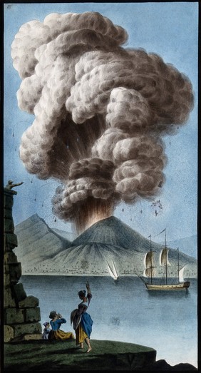 Mount Vesuvius emitting a column of smoke after its eruption on 8 August 1779. Coloured etching by Pietro Fabris, 1779.