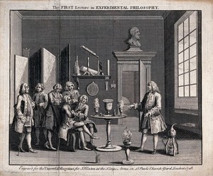 view Natural and experimental philosophy: gentlemen attending to a lecture. Engraving, 1748.