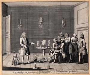 view Natural and experimental philosophy: a group of seated men attending a lecture. Engraving by B. Cole.