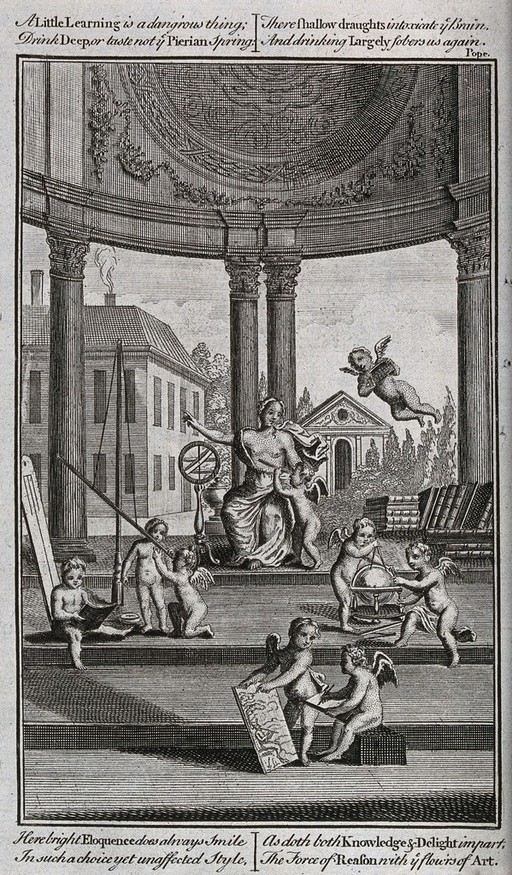 Science: putti undertaking various experiments in an open temple or rotunda, presided over by Scientia. Engraving, n.d., c.1750.