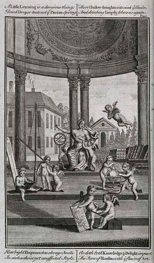 view Science: putti undertaking various experiments in an open temple or rotunda, presided over by Scientia. Engraving, c.1750.