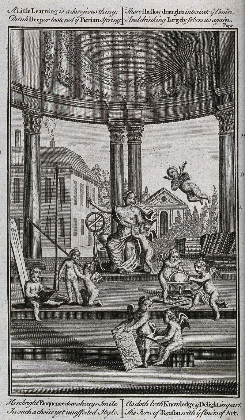 Science: putti undertaking various experiments in an open temple or rotunda, presided over by Scientia. Engraving, c.1750., by Alexander Pope