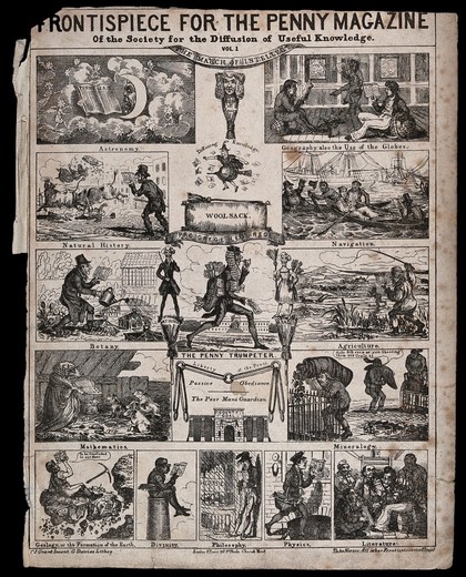 Science: a parody frontispiece to the Penny Magazine, with humorous representations of the "March of intellect" movement. Lithograph by G. Davies, 1832, after C.J. Grant.