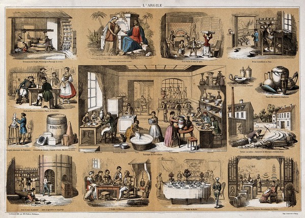 A factory for earthenware, surrounded by vignettes showing the use of clay products. Lithograph by P.A. Belin and C. Bethmont.