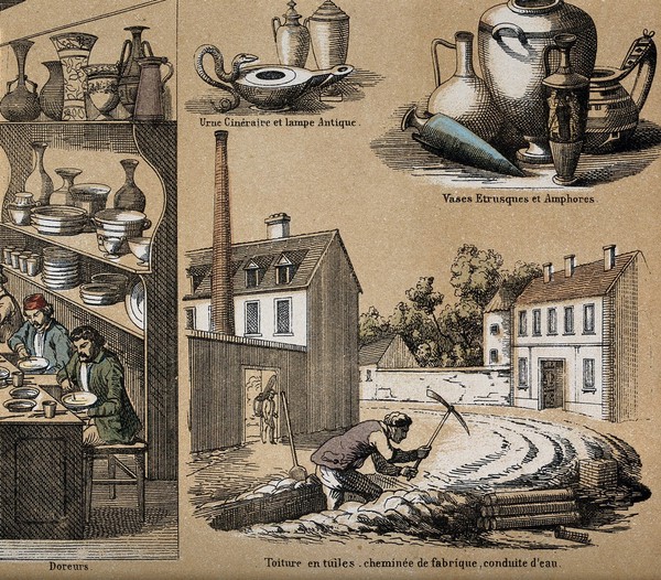 A factory for earthenware, surrounded by vignettes showing the use of clay products. Lithograph by P.A. Belin and C. Bethmont.