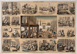 view A leather tannery, surrounded by vignettes showing the use of leather products. Lithograph by P.A. Belin and C. Bethmont.