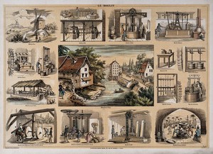 view A water-mill, surrounded by vignettes showing the use of mill machinery. Colour lithograph by C. Bethmont.