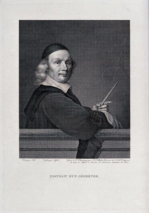 A middle-aged mathematician standing before a blackboard, on which he has drawn a diagram. Engraving by Klauber after Lefort after Bol.