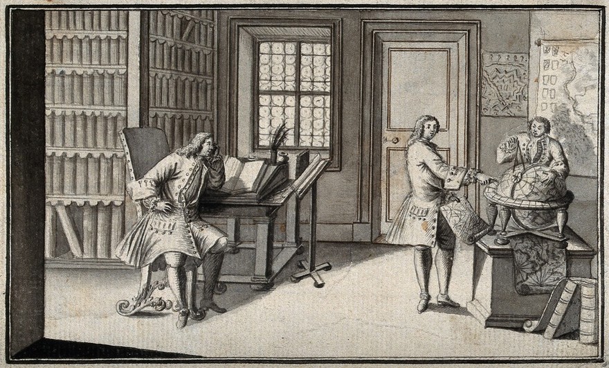 Three men in a library, one seated, two others using a large globe and charts. Pen and ink drawing.