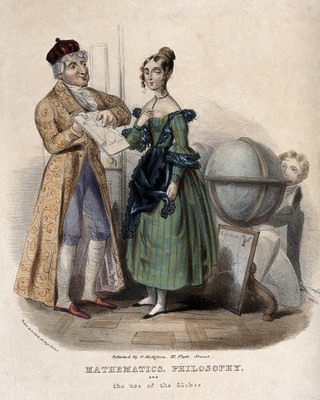 A middle-aged man giving a geometry lesson to young woman, a young man [her suitor?] hides behind a large globe. Coloured lithograph.